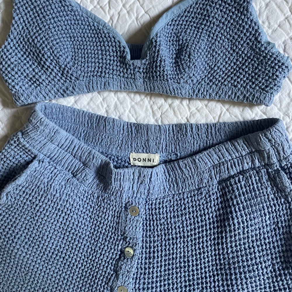 SOLD 
DONNI. Waffle Blue Textured Top and Shorts Set